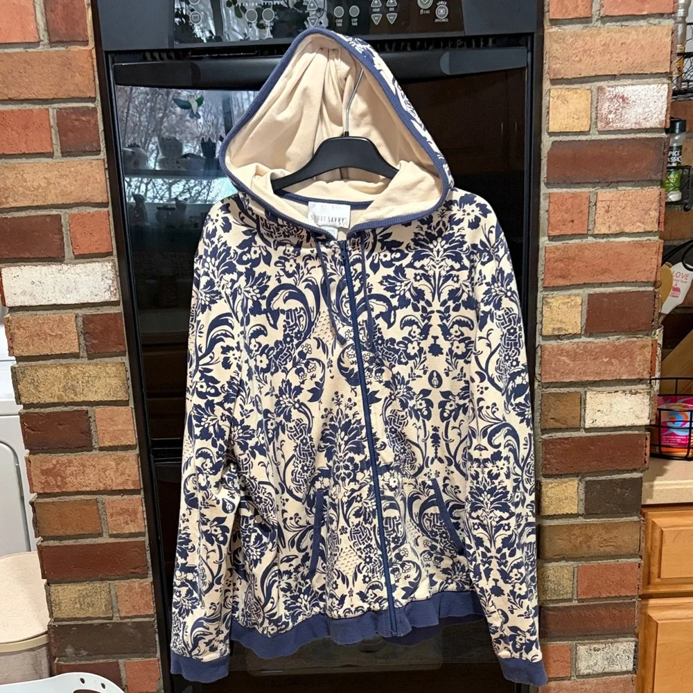 Blue and Cream Floral Hoodie - Picture 1 of 3